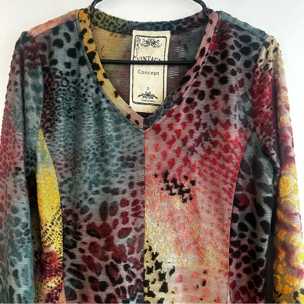 Vintage Concept Multicolor Animal Print Long Sleeve Tunic Boho Top Size Small